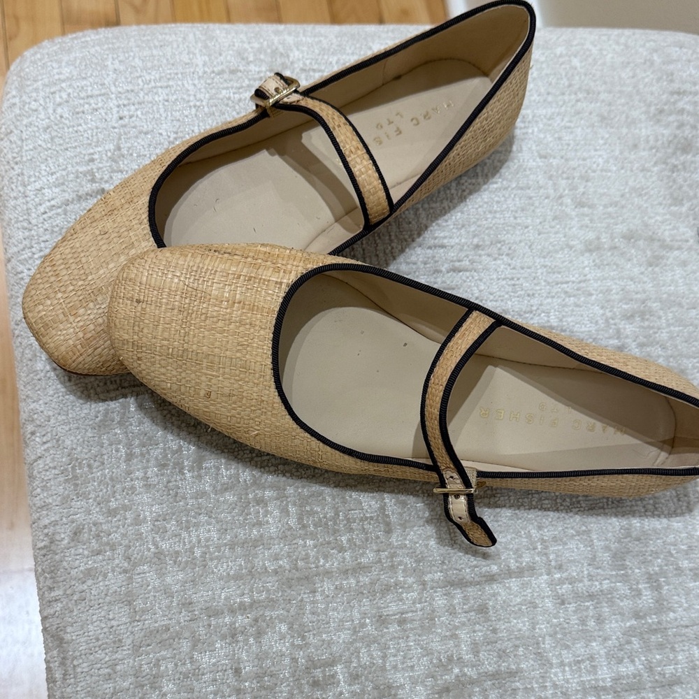 Marc Fisher Tan Straw Mary Jane Flats with Black Trim